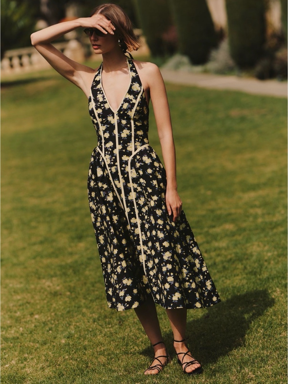 NWOT Maeve Black Halter Midi Dress with Yellow Floral Print